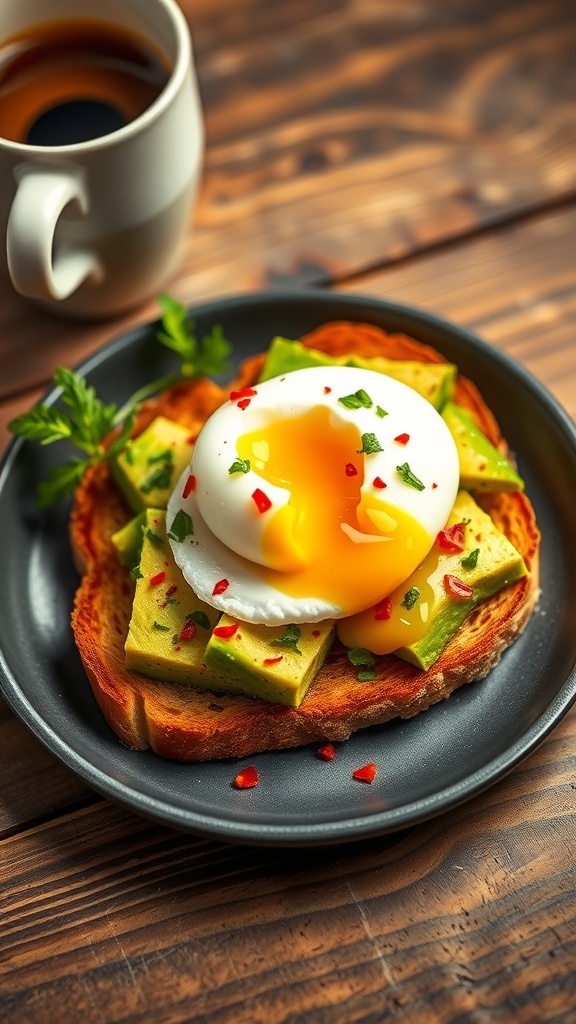 Avocado toast with poached egg, garnished with herbs and red pepper flakes on a rustic table.